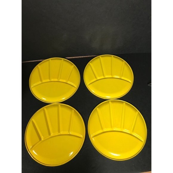 1 Vintage yellow MCM enamel divided dish Mid century modern metal fondue plate, - Picture 8 of 10